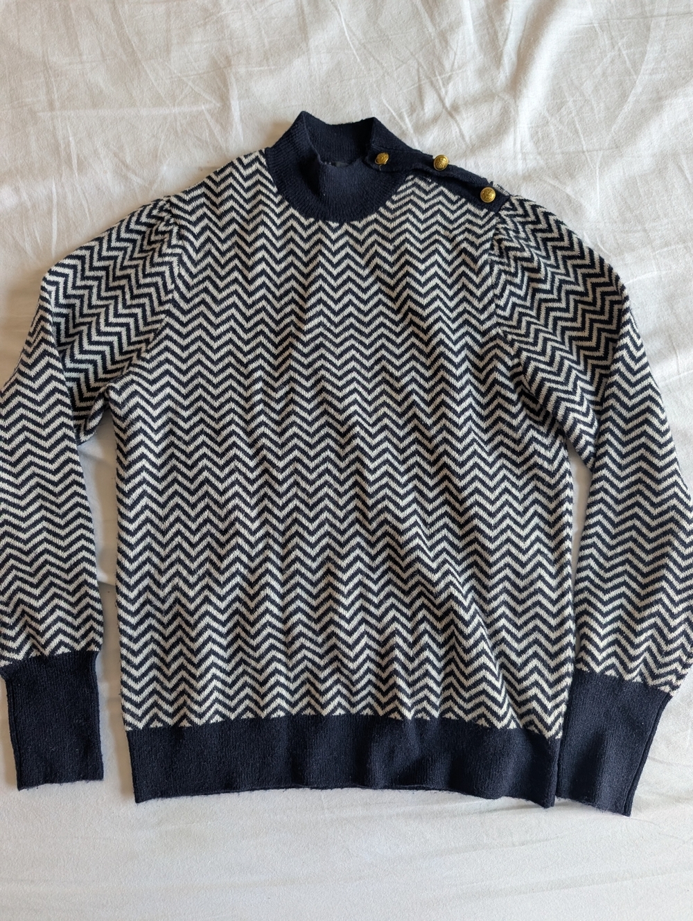 J. Crew Navy and Cream Chevron Button-Shoulder Sweater